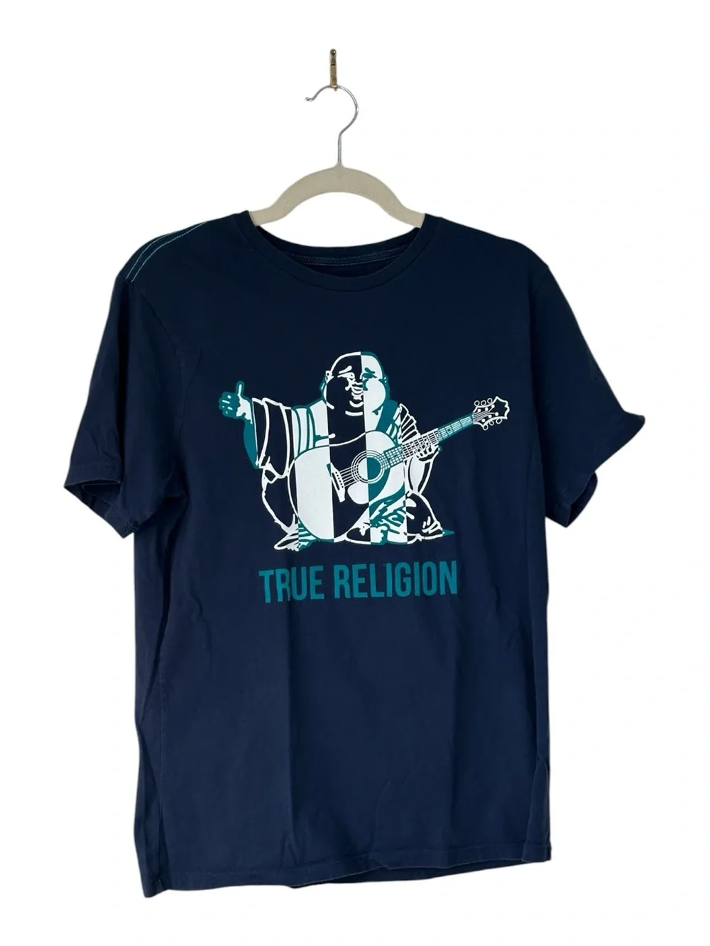 Authentic True Religion V Neck Tshirt Double Puff Buddha Flock Logo Sz Small. - Picture 2 of 4
